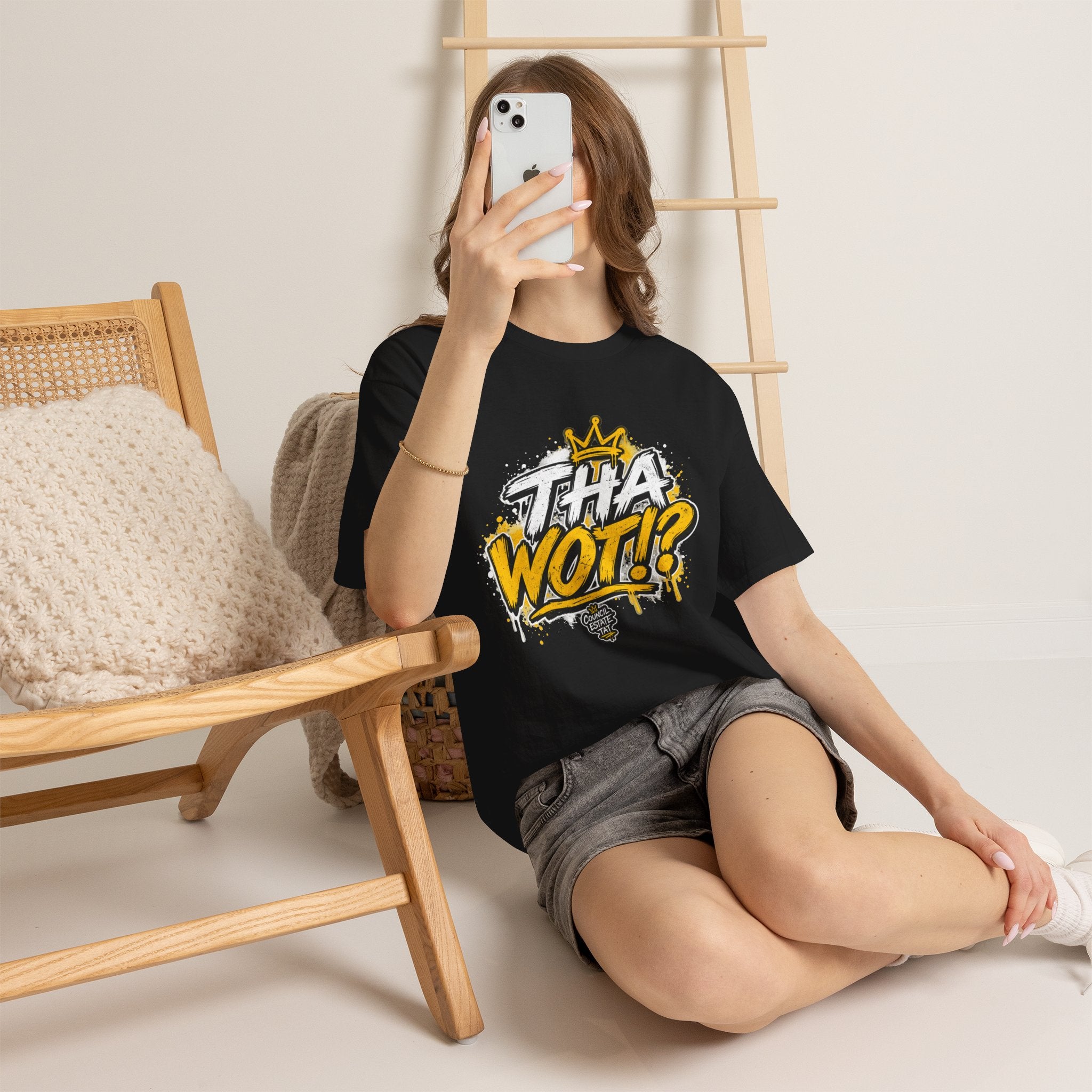 Tha Wot!? T-Shirt — Bold Graffiti Graphic Tee with Crown Design