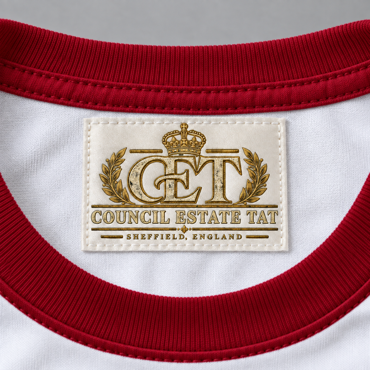 Silent Guardian red collar with custom CET woven garment label